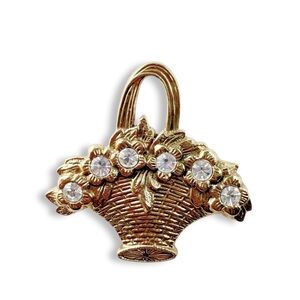 Vintage 1928 Victorian Revival Basket of Flowers Rhinestone Brooch Pin Goldtone